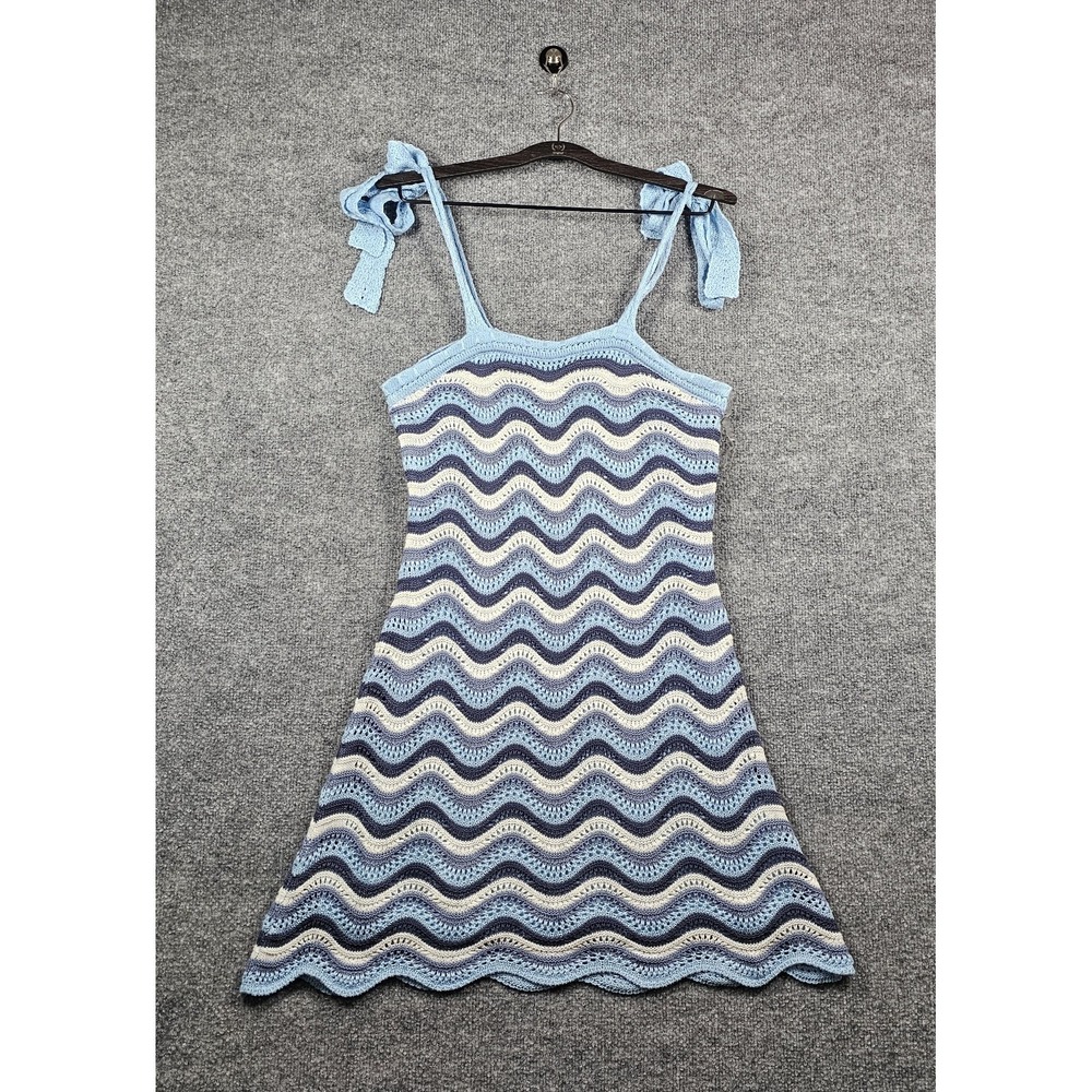 FCT With Love NWT Women's Blue Striped Crochet Knit Mini Dress XL Y2K Lined